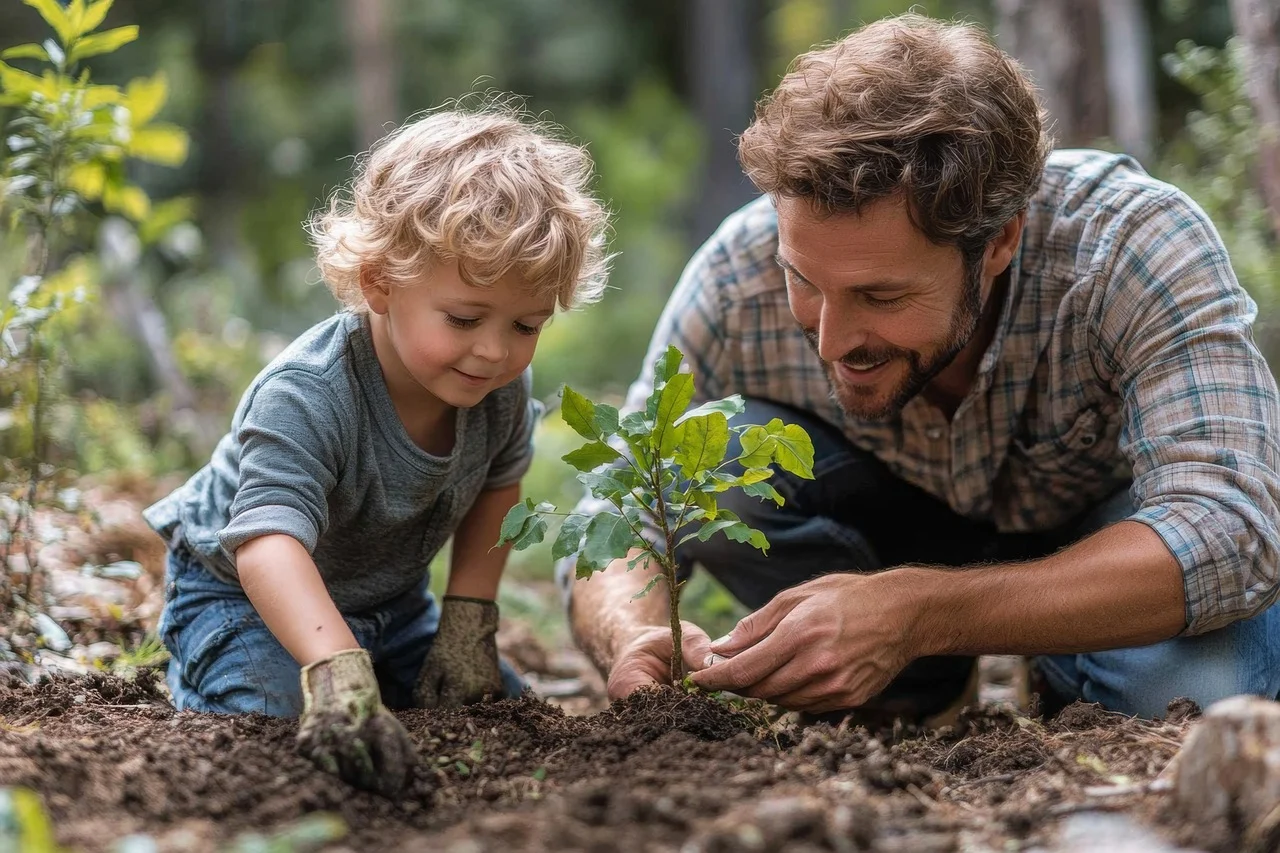Father and son child family tree forest gardening